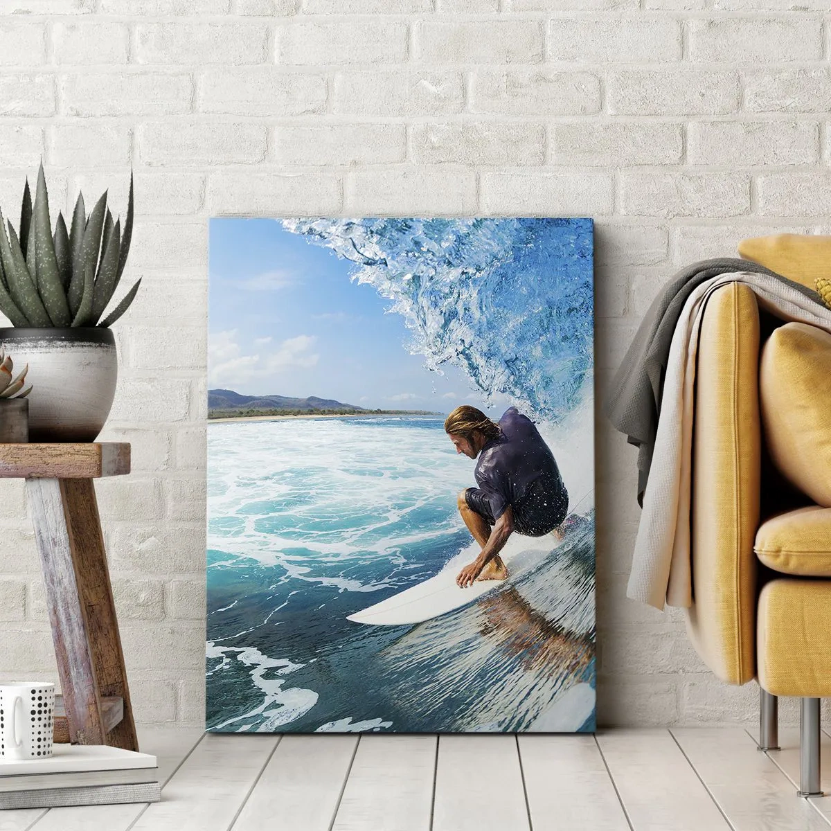 Obraz na płótnie - Surfer w dynamicznej pozie na fali w turkusowej wodzie - 70x100cm - Tańczący z falami - Nowoczesna dekoracja ścienna do salonu i sypialni ARTTOR