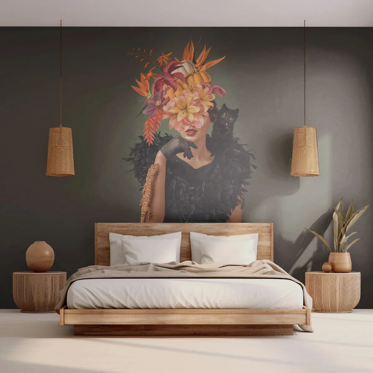 Fototapeta Premium Sand - Kobieta w czerni z kwiatową koroną, kotem i dynią - 100x70cm - Czar wiedźmy - Nowoczesna dekoracja ścienna do salonu, kuchni i sypialni ARTTOR