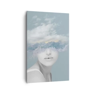 Obraz na płótnie - Portret kobiety z twarzą ukrytą za chmurami i falami - 80x120cm - Z głową w chmurach - Nowoczesna dekoracja ścienna do salonu i sypialni ARTTOR