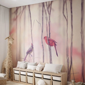 Fototapeta Standard Eco - Dwa kardynały na cienkich gałązkach w pastelowym tle - 100x70cm - Opowieść różowego lasu - Nowoczesna dekoracja ścienna do salonu i sypialni ARTTOR