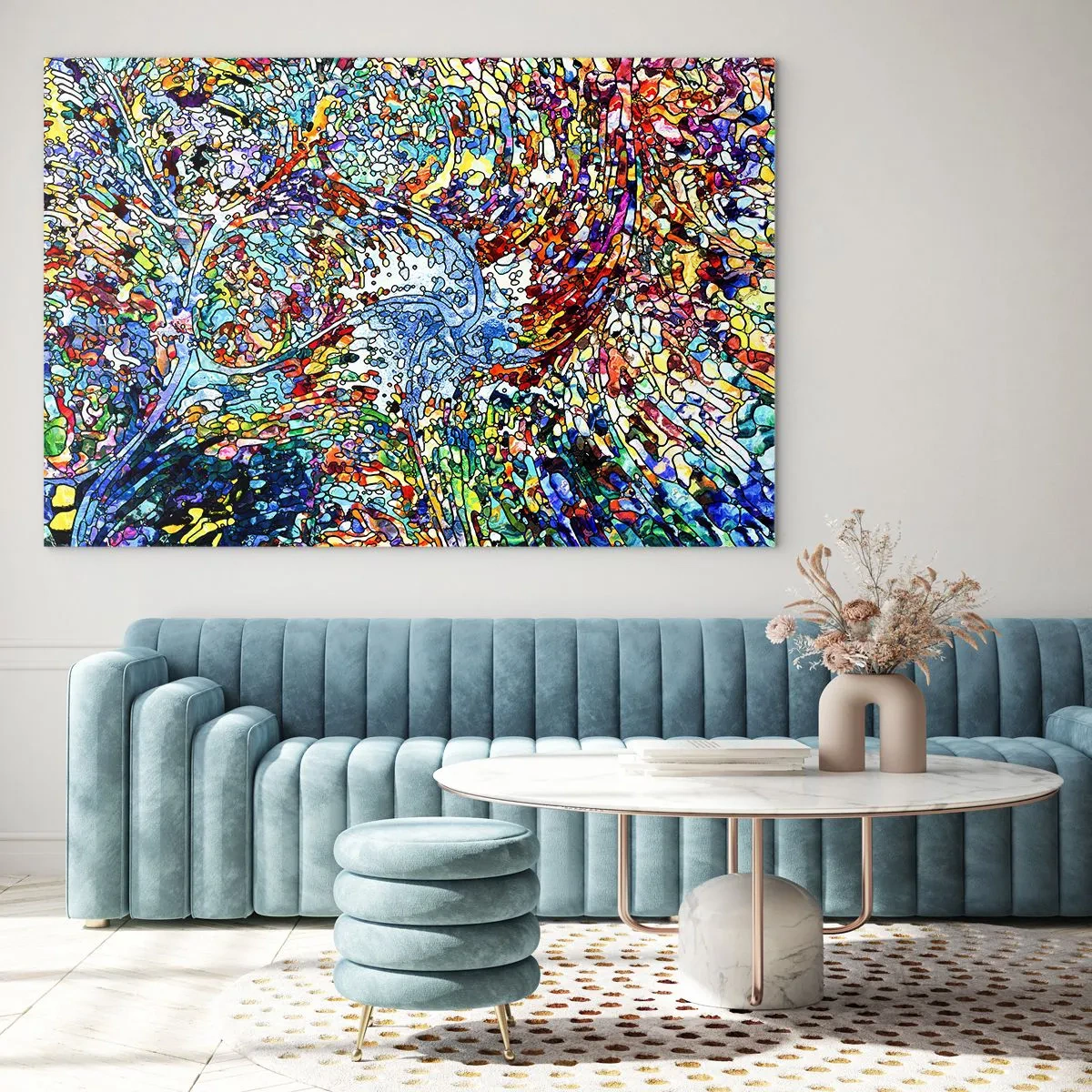 Obraz na szkle - Kolorowe abstrakcyjne wzory przypominające witraż - 120x80cm - Witraż kroplisty - Nowoczesna dekoracja ścienna do salonu, kuchni i sypialni ARTTOR