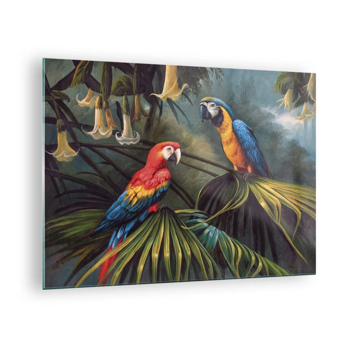 Obraz na szkle - Dwa kolorowe papugi na tle tropikalnej dżungli - 70x50cm - Romantyzm w tropikach - Nowoczesna dekoracja ścienna do salonu i sypialni ARTTOR