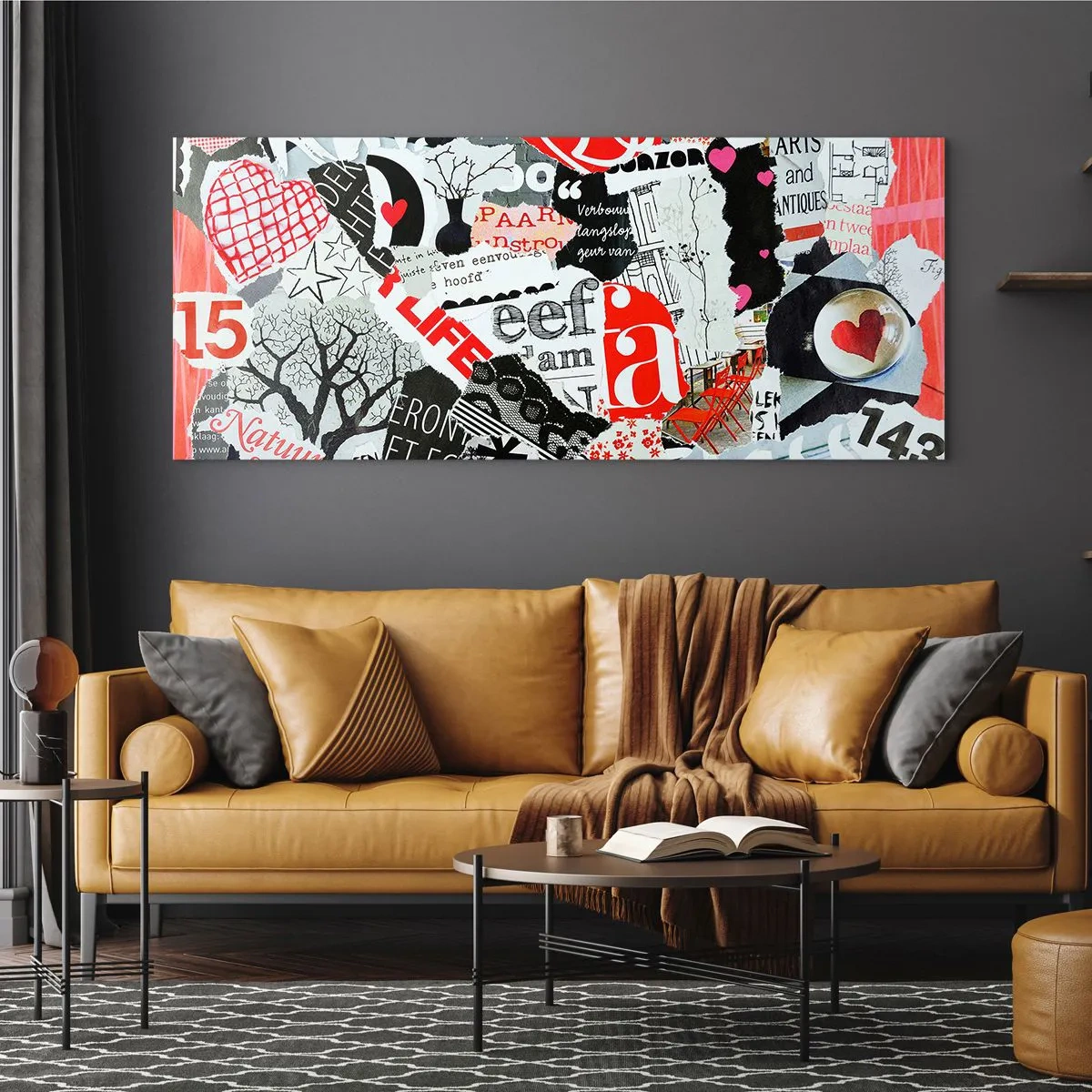 Obraz na szkle - Kolorowy kolaż z napisami, sercami i grafikami - 160x50cm - Hipsterski kolaż - Nowoczesna dekoracja ścienna do salonu i sypialni ARTTOR