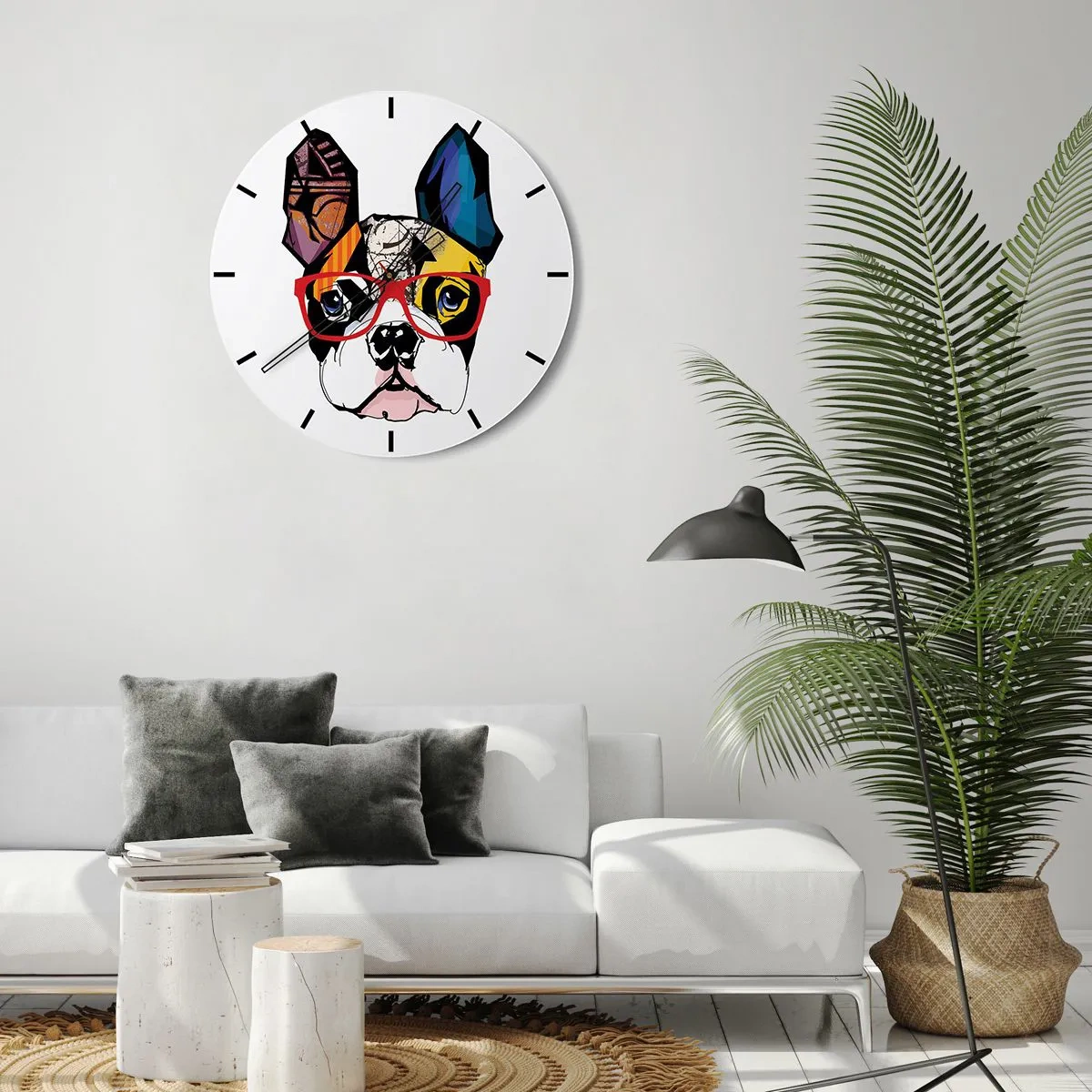 Zegar ścienny - Kolorowy rysunek psa z okularami na białym tle - 30x30cm - Intelektualista - Nowoczesna dekoracja ścienna do salonu, kuchni i sypialni ARTTOR