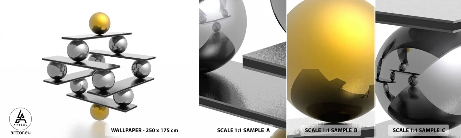 Fototapeta Próbka Standard Eco - Złoto-srebrna równowaga - Abstrakcja, Metalowe Kulki, 3D - 100x30 cm