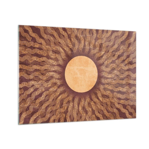 Obraz na szkle - Stylizowane słońce z promieniami w formie falistych linii na tle brązu - 70x50cm - Ikona słońca - Nowoczesna dekoracja ścienna do salonu i sypialni ARTTOR