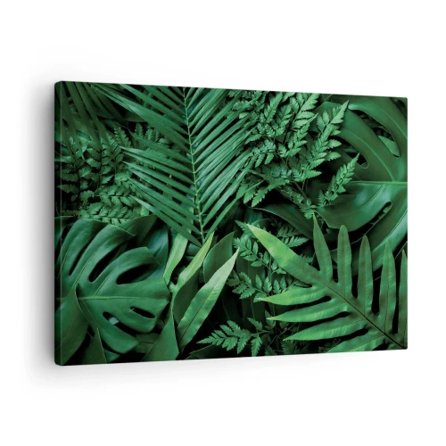 Obraz na płótnie - Zielone liście tropikalne w gęstej i naturalnej kompozycji - 70x50cm - Utulone w zieleni - Nowoczesna dekoracja ścienna do salonu i sypialni ARTTOR