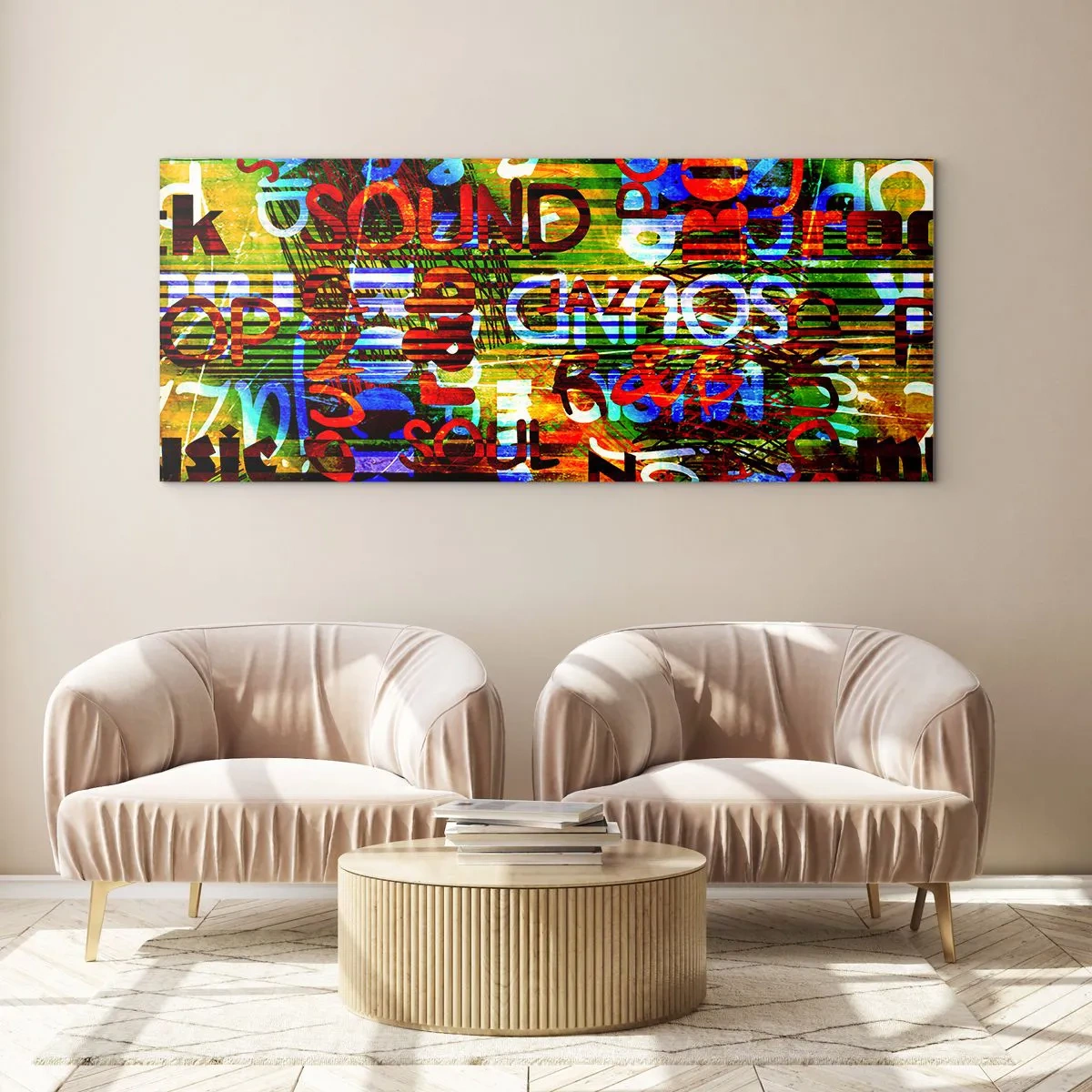 Obraz na szkle - Kolorowa abstrakcja z napisami muzycznymi w stylu pop-art - 120x50cm - Wszystkie barwy dźwięku - Nowoczesna dekoracja ścienna do salonu i sypialni ARTTOR