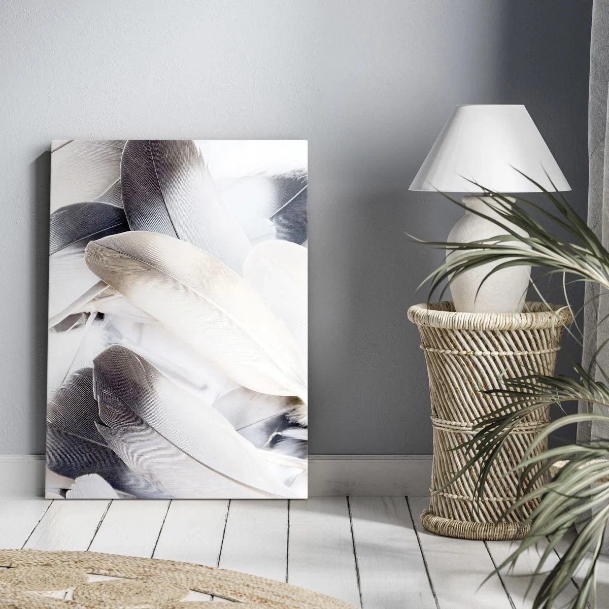 Obraz na płótnie - Delikatne, jasne pióra ułożone w miękką kompozycję - 50x70cm - Niemal anielskie - Nowoczesna dekoracja ścienna do salonu, kuchni i sypialni ARTTOR