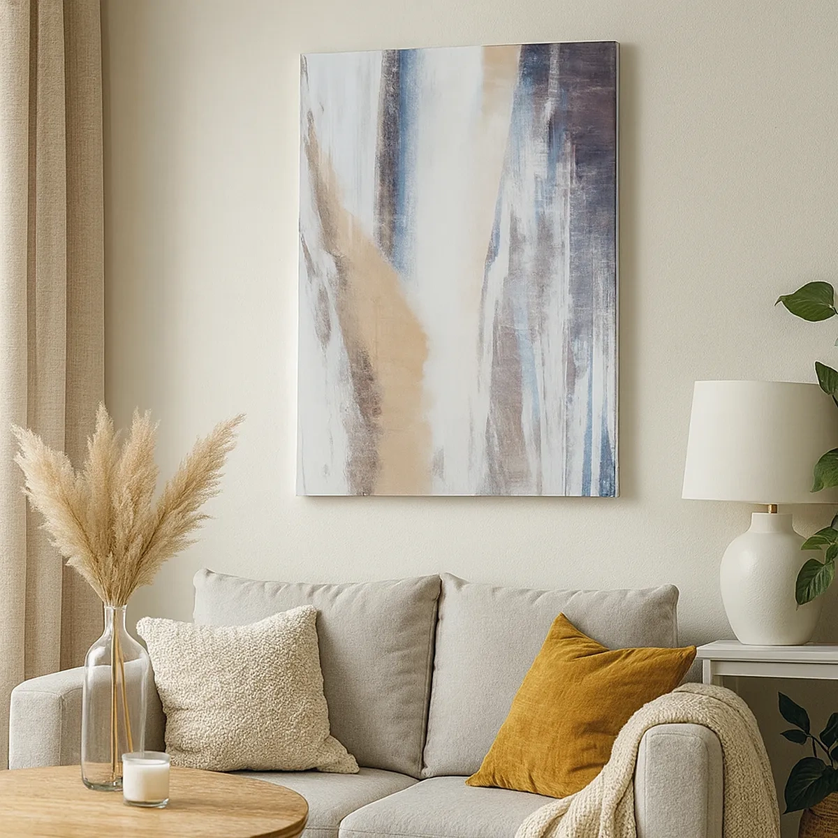 Obraz na płótnie - Abstrakcyjna kompozycja w odcieniach beżu, bieli i niebieskiego - 50x70cm - Zimowa kompozycja - Nowoczesna dekoracja ścienna do salonu, kuchni i sypialni ARTTOR