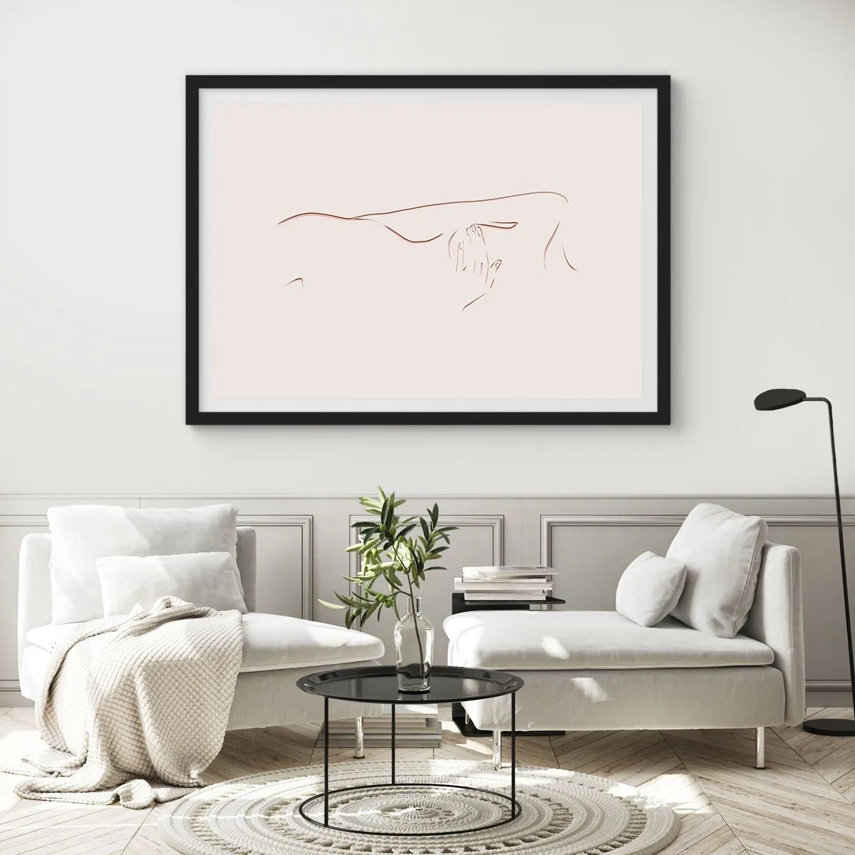 Plakat w czarnej ramie - Subtelny rysunek linii przedstawiający sylwetkę na jasnym tle - 70x50cm - Kształt pragnienia - Nowoczesna dekoracja ścienna do salonu i sypialni ARTTOR