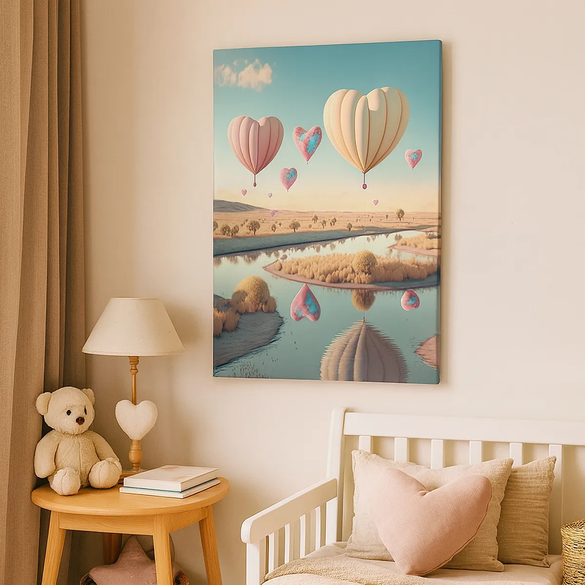 Obraz na płótnie - Balony w kształcie serc unoszące się nad malowniczym krajobrazem z rzeką - 50x70cm - Miłość pozwala wznieść się - Nowoczesna dekoracja ścienna do salonu, kuchni i sypialni ARTTOR