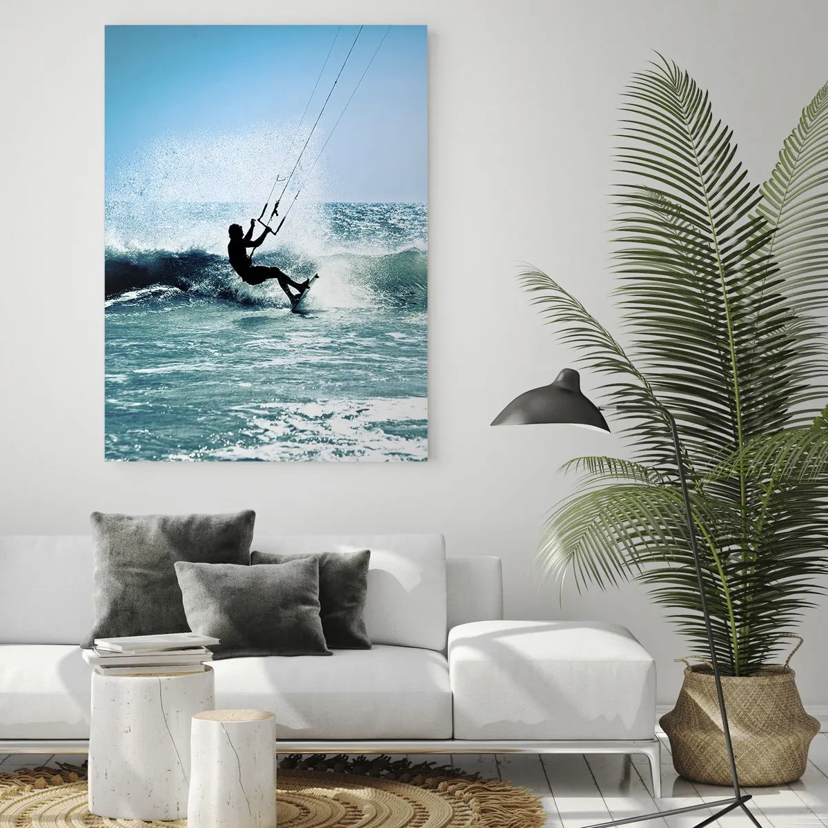 Obraz na szkle - Kitesurfer na falach oceanu w słoneczny dzień - 50x70cm - Daj się ponieść - Nowoczesna dekoracja ścienna do salonu, kuchni i sypialni ARTTOR