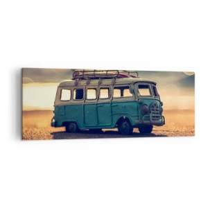 Obraz na płótnie - Retro autobus na tle rozmytego światła - 140x50cm - Koniec bożków: pieniądza i pracy - Nowoczesna dekoracja ścienna do salonu i sypialni ARTTOR