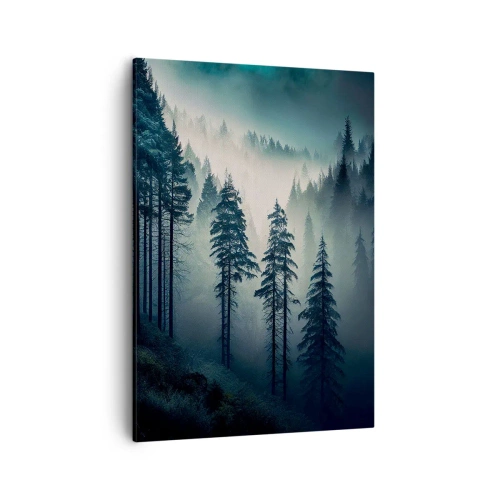 Obraz na płótnie - Górski las spowity mgłą w odcieniach niebieskiego i zieleni - 50x70cm - Górski poranek - Nowoczesna dekoracja ścienna do salonu, kuchni i sypialni ARTTOR