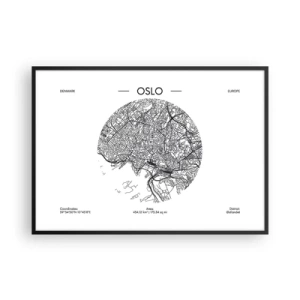 Plakat w czarnej ramie - Mapa Oslo w minimalistycznym, czarno-białym stylu - 100x70cm - Anatomia Oslo - Nowoczesna dekoracja ścienna do salonu i sypialni ARTTOR