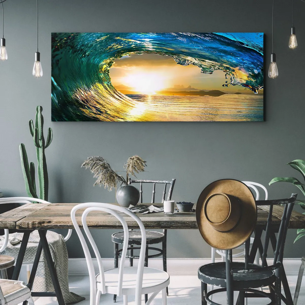 Obraz na płótnie - Fala oceaniczna w słońcu z widokiem na horyzont - 160x50cm - W szmaragdowo-złotym krysztale - Nowoczesna dekoracja ścienna do salonu i sypialni ARTTOR