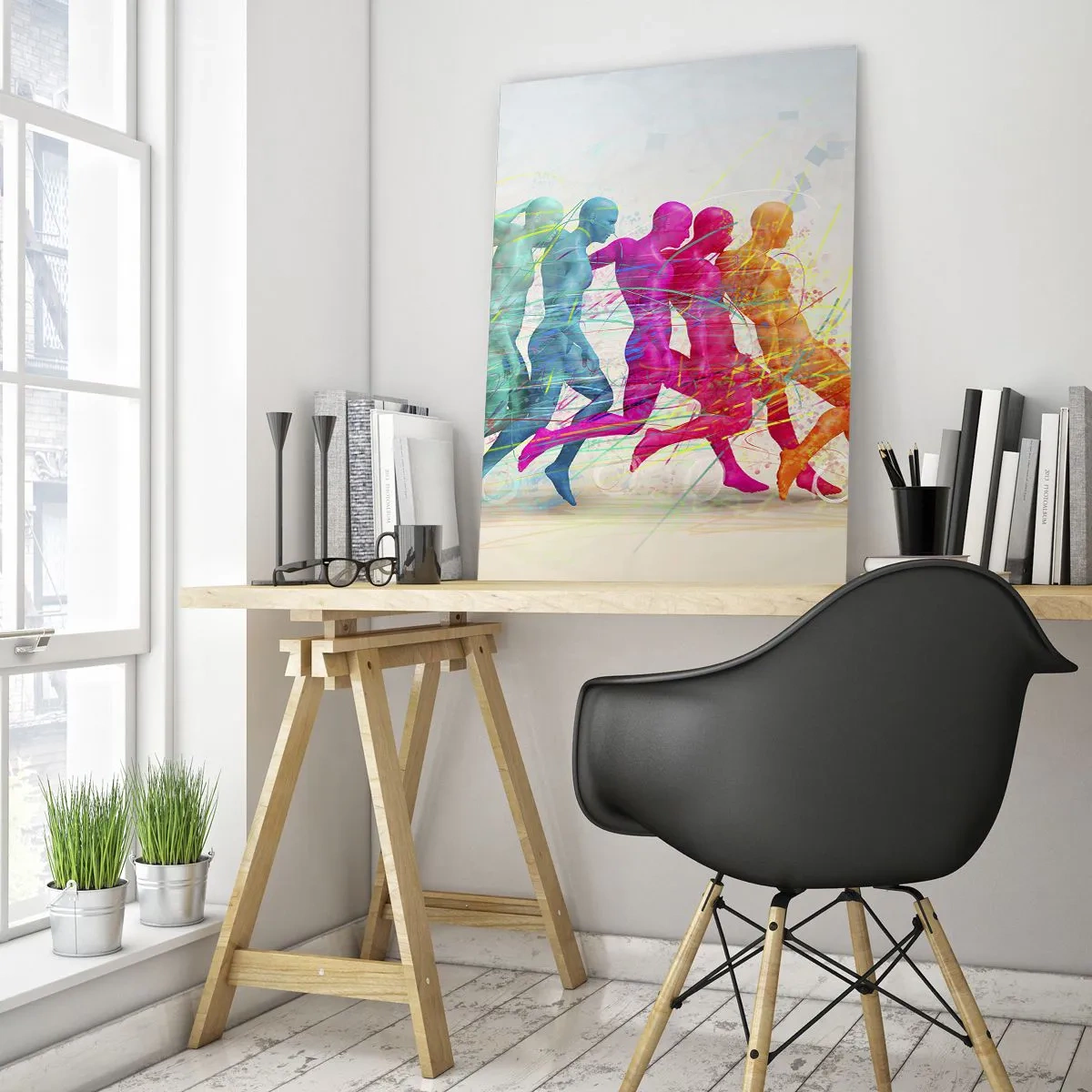 Obraz na szkle - Kolorowa abstrakcja przedstawiająca ruch postaci w biegu - 50x70cm - Harmonia ruchu - Nowoczesna dekoracja ścienna do salonu, kuchni i sypialni ARTTOR