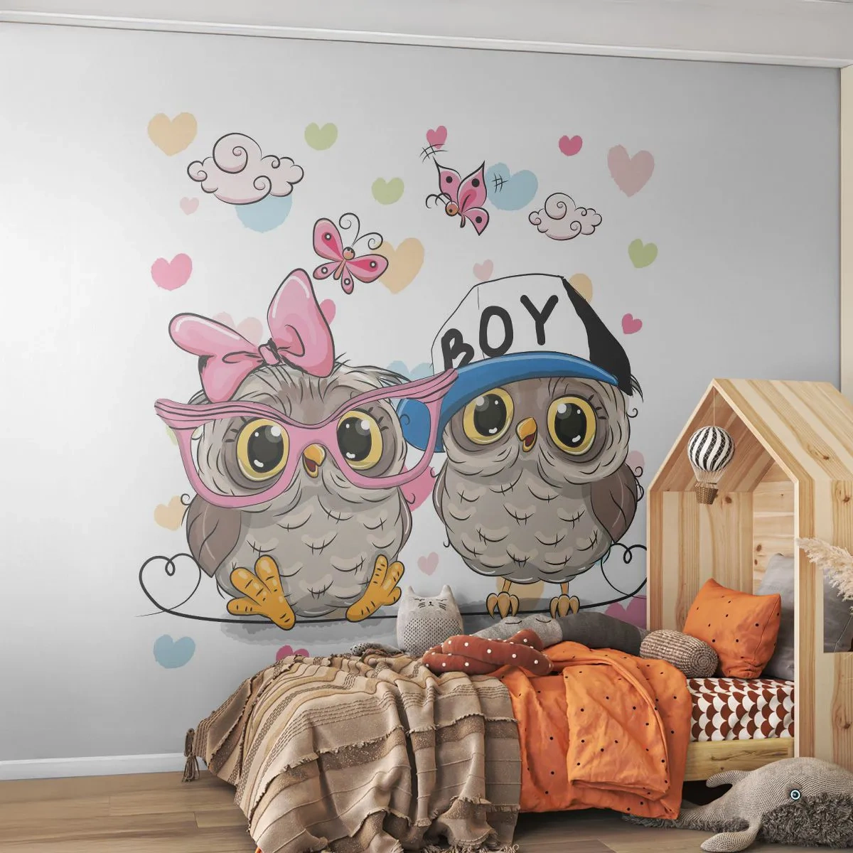 Fototapeta Premium Canvas - Kochajmy się! - Dla Dzieci, Sowa, Motyl - 250x175 cm