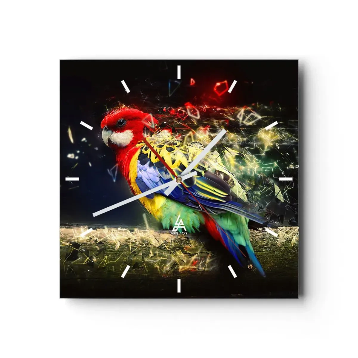 Zegar ścienny - Papuga w żywych kolorach na tle efektów świetlnych - 30x30cm - Posłaniec blasku - Nowoczesna dekoracja ścienna do salonu i sypialni ARTTOR