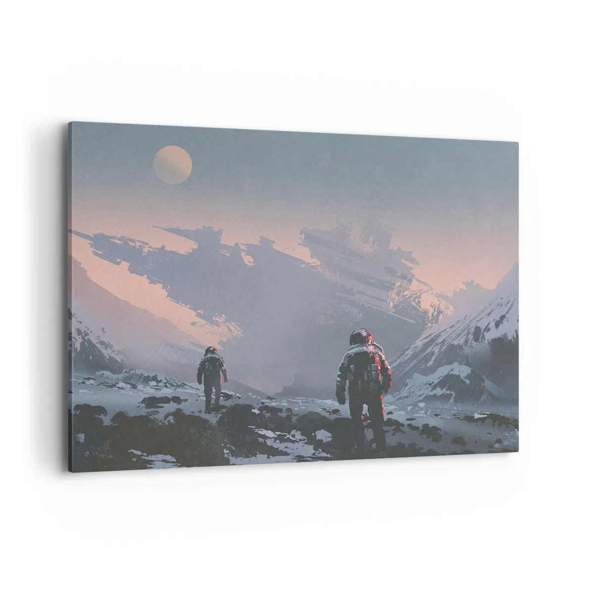 Obraz na płótnie - Astronauci na obcej planecie z wrakiem statku kosmicznego - 100x70cm - Pod nieznaną gwiazdą - Nowoczesna dekoracja ścienna do salonu, kuchni i sypialni ARTTOR