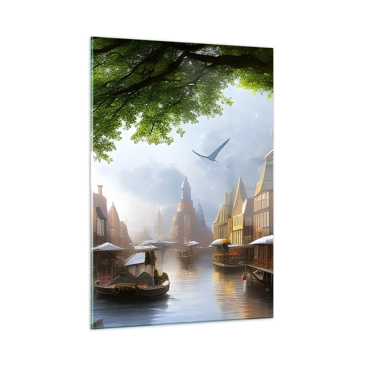 Obraz na szkle - Klimatyczny widok niderlandzkiego kanału z łódkami i zabudową - 50x70cm - Niderlandzki pejzaż miejski - Nowoczesna dekoracja ścienna do salonu, kuchni i sypialni ARTTOR