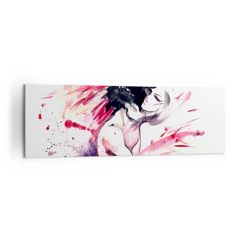 Obraz na płótnie - Abstrakcyjny portret kobiety w dynamicznych czerwonych akcentach - 160x50cm - Miłosne spełnienie - Nowoczesna dekoracja ścienna do salonu i sypialni ARTTOR