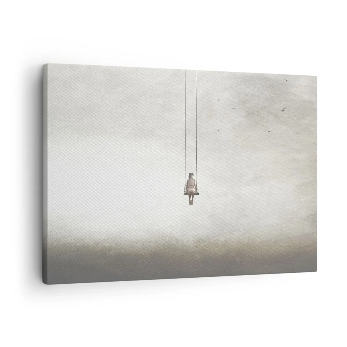 Obraz na płótnie - Postać na huśtawce zawieszonej w przestrzeni - 70x50cm - Dziecko w nas - Nowoczesna dekoracja ścienna do salonu i sypialni ARTTOR