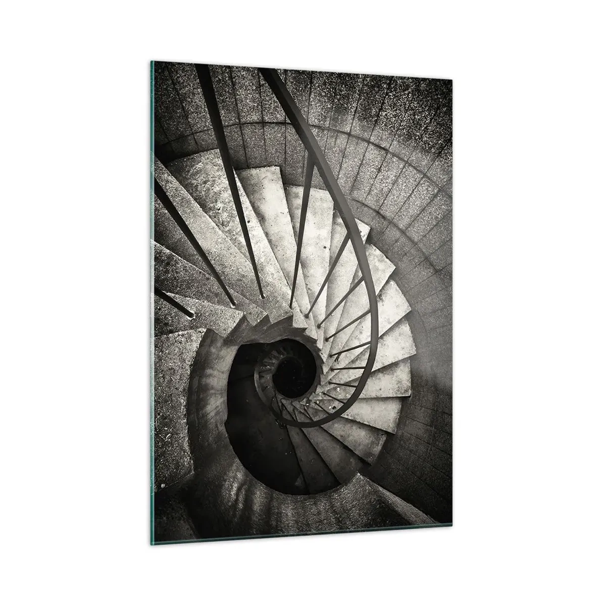 Obraz na szkle - Czarno-białe spiralne schody z perspektywy lotu ptaka - 50x70cm - Schodami w górę, schodami w dół - Nowoczesna dekoracja ścienna do salonu, kuchni i sypialni ARTTOR