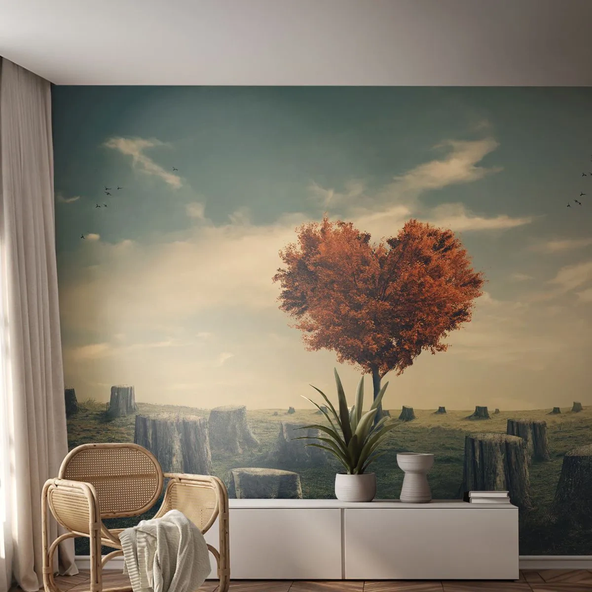 Fototapeta Premium Sand - Drzewo w kształcie serca pośród ściętych pni - 100x70cm - Wciąż jest nadzieja - Nowoczesna dekoracja ścienna do salonu, kuchni i sypialni ARTTOR