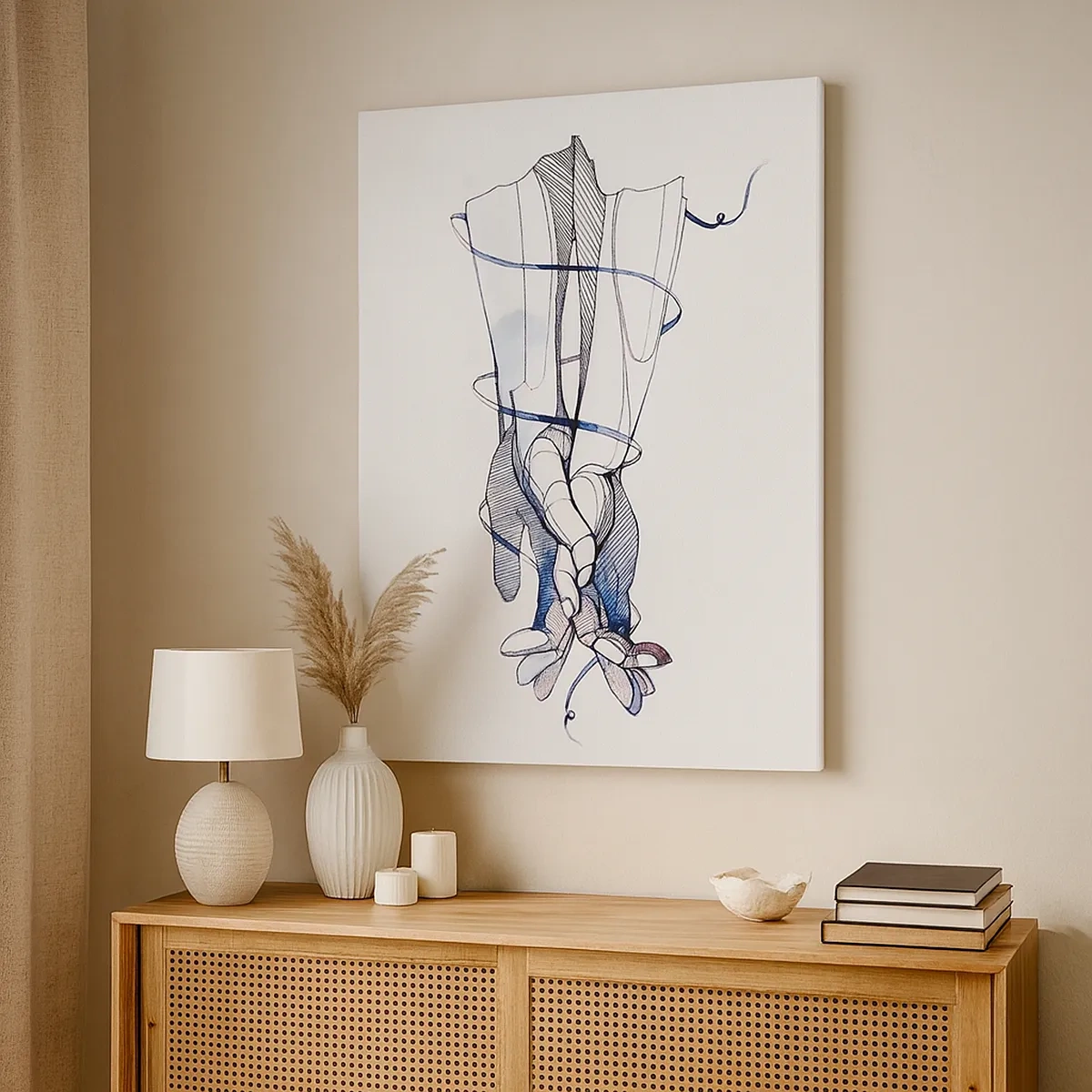 Obraz na płótnie - Abstrakcyjne splecione dłonie w nowoczesnym stylu linii - 50x70cm - Studium dotyku - Nowoczesna dekoracja ścienna do salonu, kuchni i sypialni ARTTOR