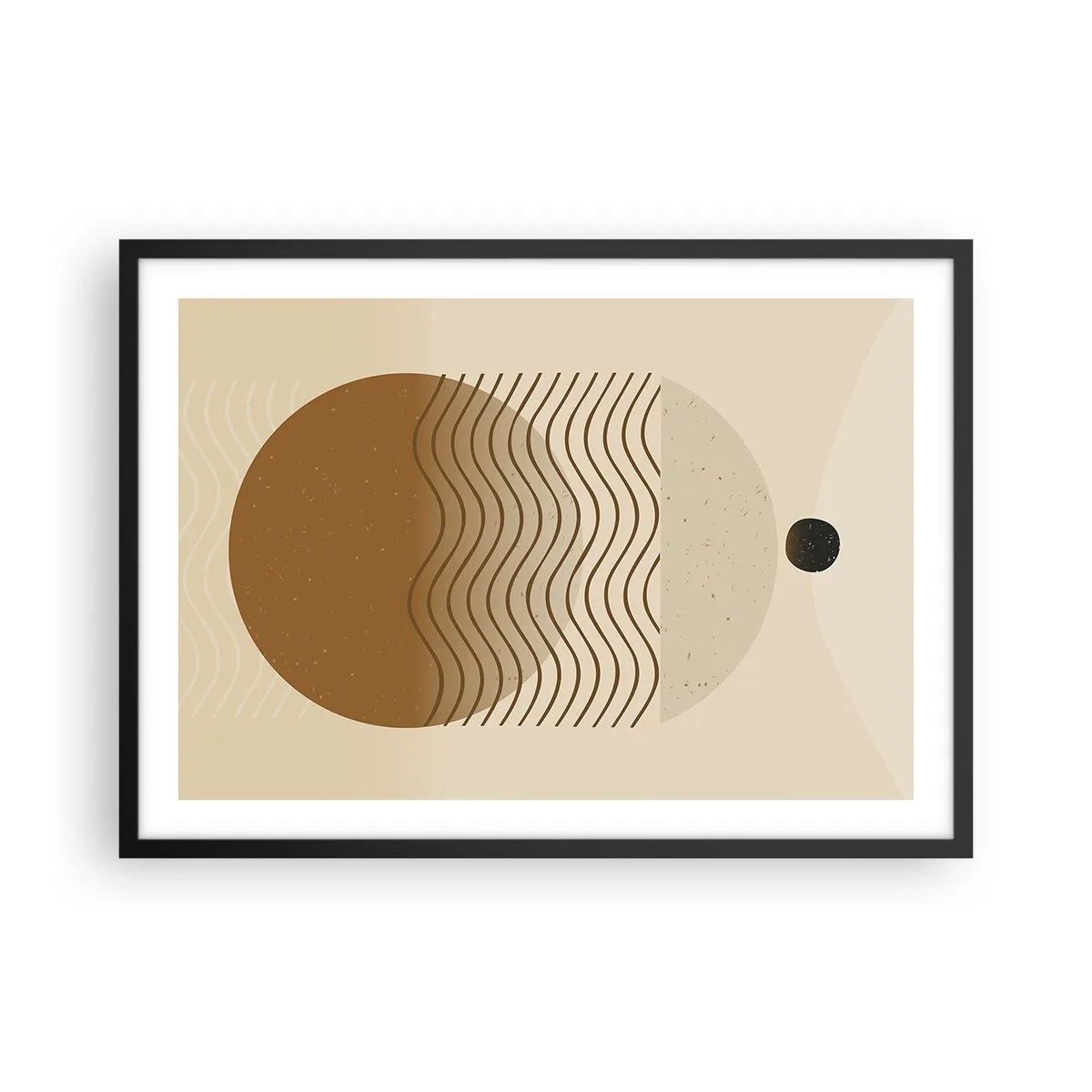 Plakat w czarnej ramie - Geometryczna abstrakcja z kołami i falistymi liniami w ciepłych barwach - 70x50cm - O pochodzeniu figur geometrycznych - Nowoczesna dekoracja ścienna do salonu i sypialni ARTTOR