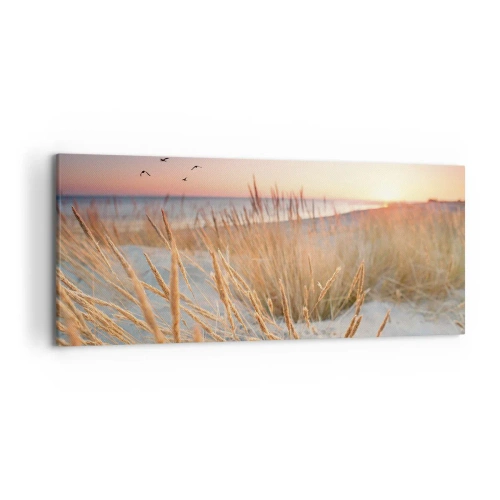 Obraz na płótnie - Plaża o zachodzie słońca z wysokimi trawami - 120x50cm - Bałtycka kołysanka - Nowoczesna dekoracja ścienna do salonu i sypialni ARTTOR