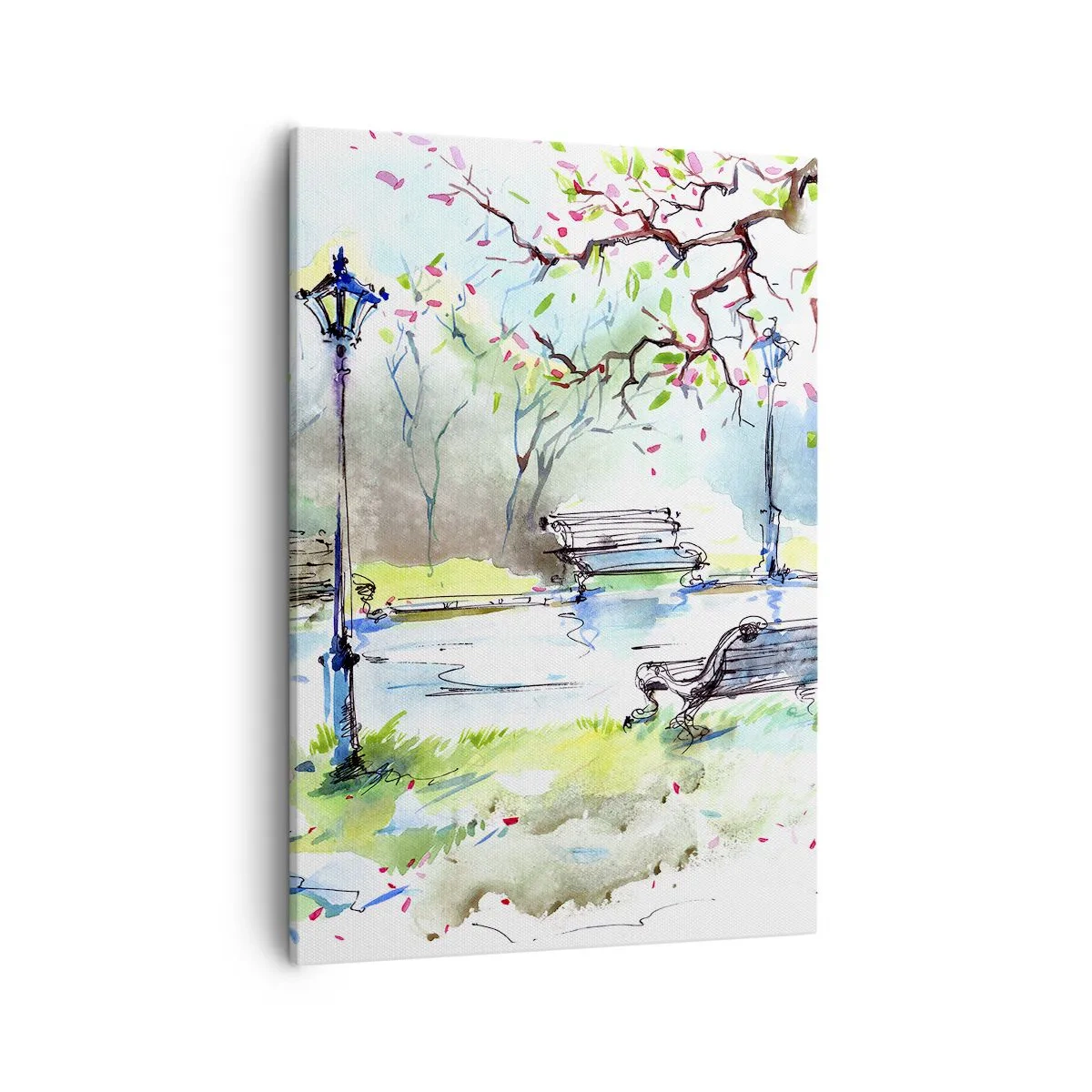Obraz na płótnie - Akwarelowy park z ławkami, latarniami i stawem wiosną - 50x70cm - Czar parkowej ciszy - Nowoczesna dekoracja ścienna do salonu, kuchni i sypialni ARTTOR