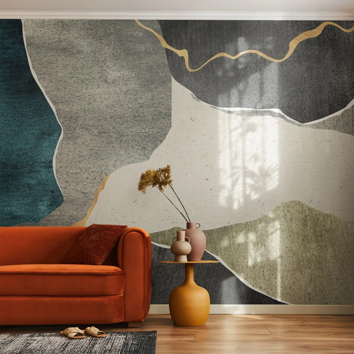 Fototapeta Premium Sand - Abstrakcyjna mozaika z fakturą i złotą linią na tle ziemistym - 100x70cm - Mozaikowa kompozycja z nitką złota - Nowoczesna dekoracja ścienna do salonu, kuchni i sypialni ARTTOR