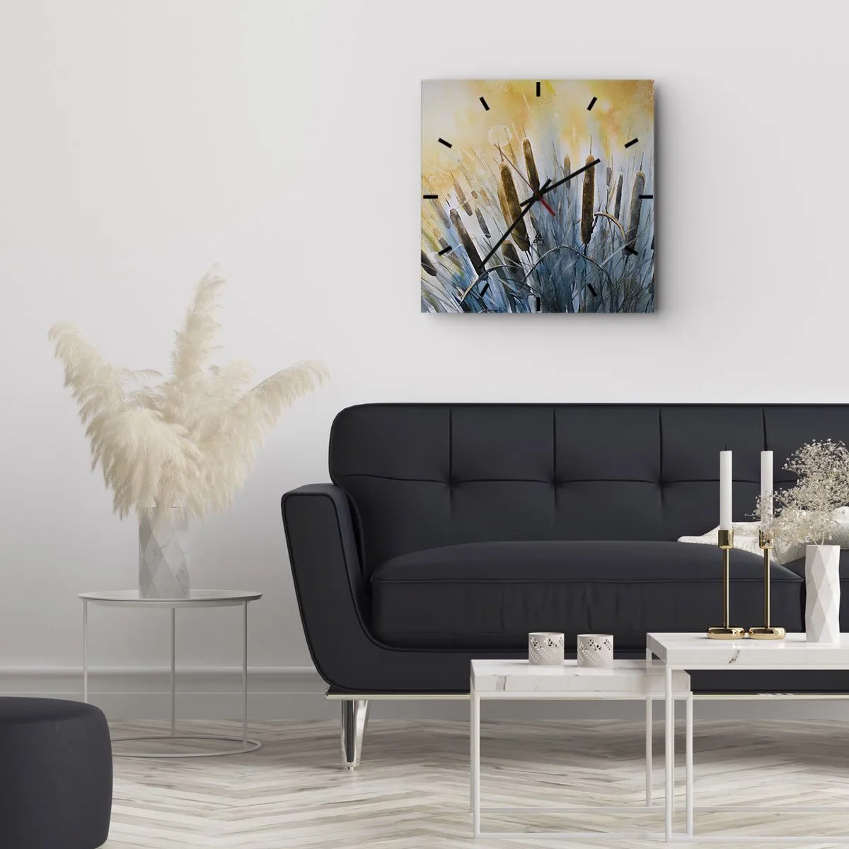 Zegar ścienny - Malownicze trzciny w promieniach słońca - 30x30cm - Chłód wody, słońca żar - Nowoczesna dekoracja ścienna do salonu i sypialni ARTTOR