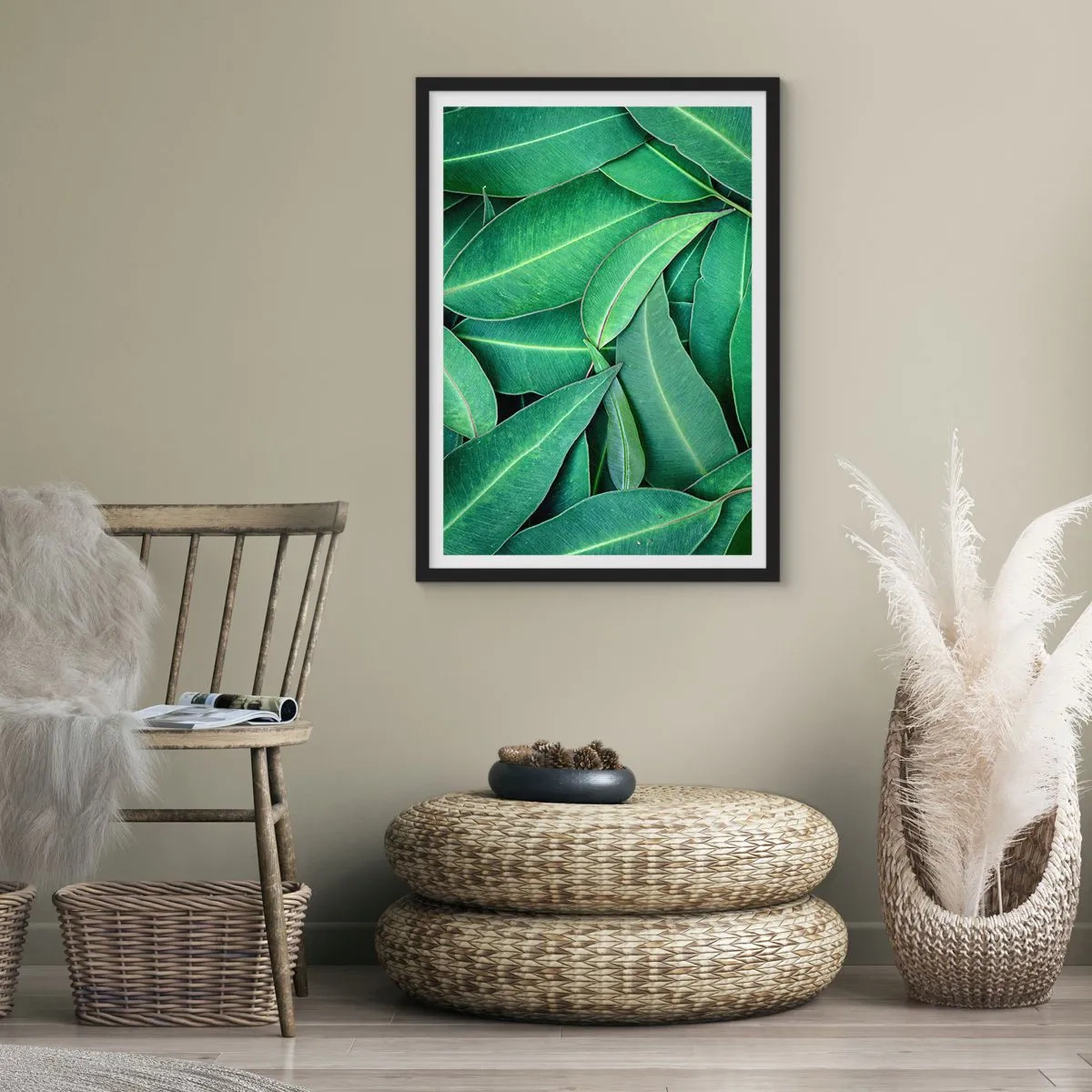 Plakat w czarnej ramie - Zielone liście ułożone w gęstą kompozycję - 50x70cm - Soczyste i świeże - Nowoczesna dekoracja ścienna do salonu i sypialni ARTTOR