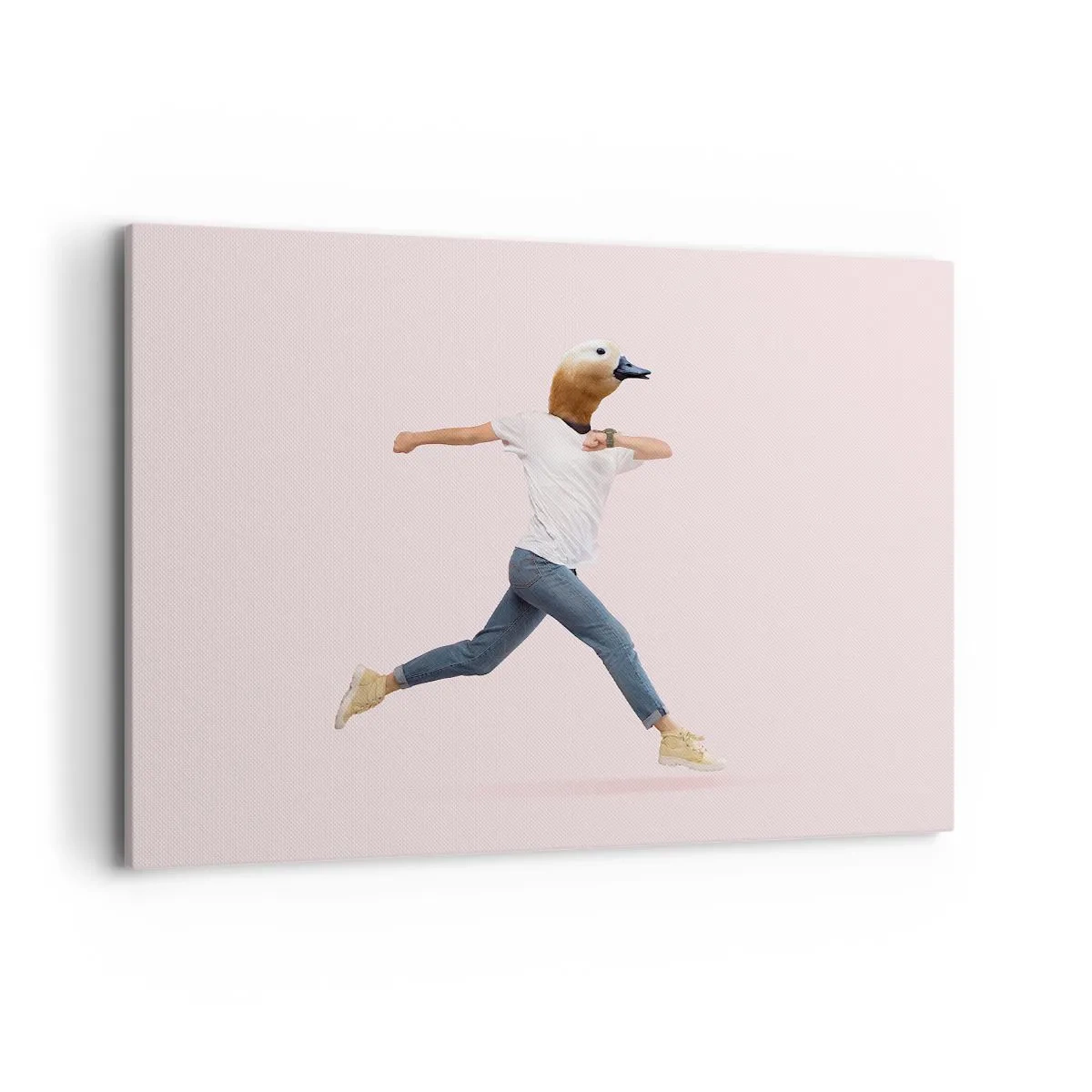 Obraz na płótnie - Surrealistyczna postać z głową kaczki w ruchu - 100x70cm - Szczypta absurdu - Nowoczesna dekoracja ścienna do salonu, kuchni i sypialni ARTTOR