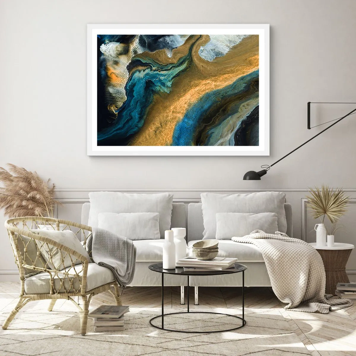 Plakat w białej ramie - Niebieski – zółty – wzajemne wpływy - 70x50 cm