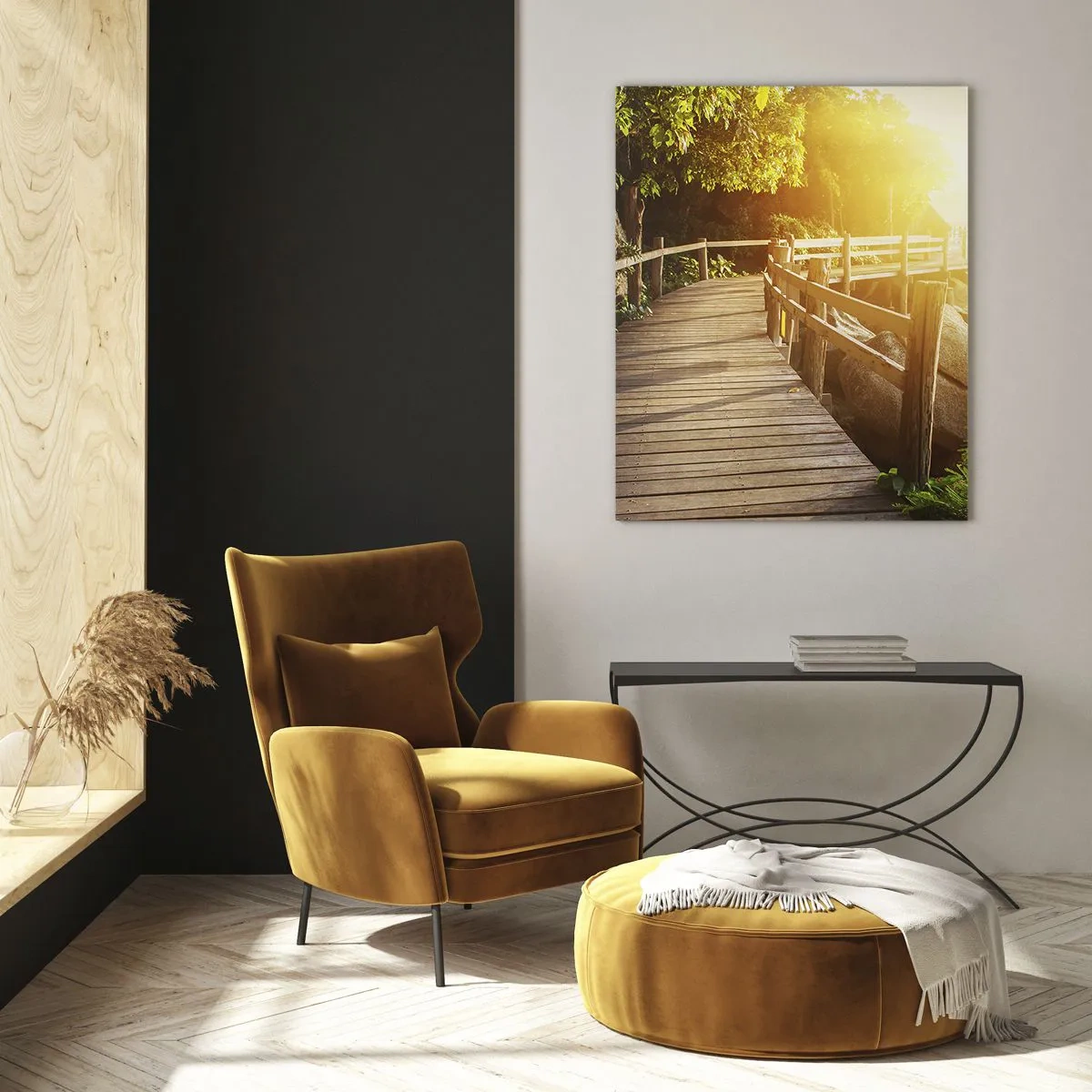 Obraz na szkle - Drewniana ścieżka wśród drzew nad brzegiem morza w świetle zachodu słońca - 50x70cm - Kolejny zakręt, kolejne cuda - Nowoczesna dekoracja ścienna do salonu, kuchni i sypialni ARTTOR