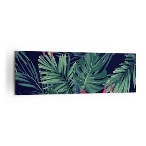 Obraz na płótnie - Tropikalne liście i kwiaty na ciemnym tle - 160x50cm - Zapłonąć w zieleni - Nowoczesna dekoracja ścienna do salonu i sypialni ARTTOR