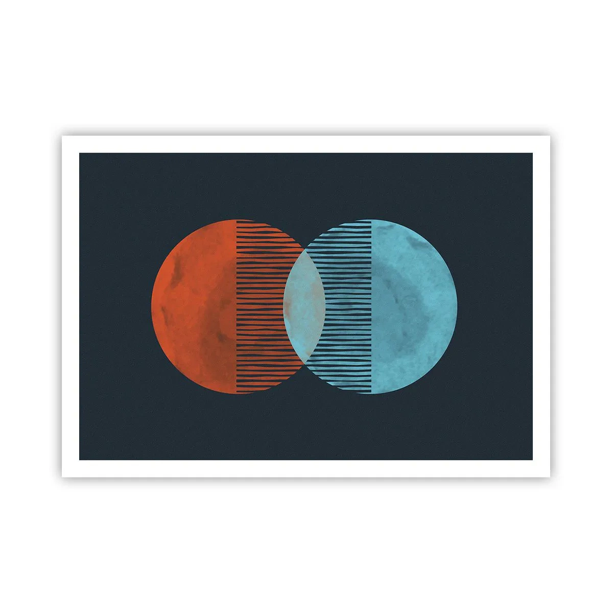 Plakat - Dwa koła w kolorze pomarańczowym i niebieskim na ciemnym tle - 100x70cm - Astronomiczna fantazja - Nowoczesna dekoracja ścienna do salonu i sypialni ARTTOR