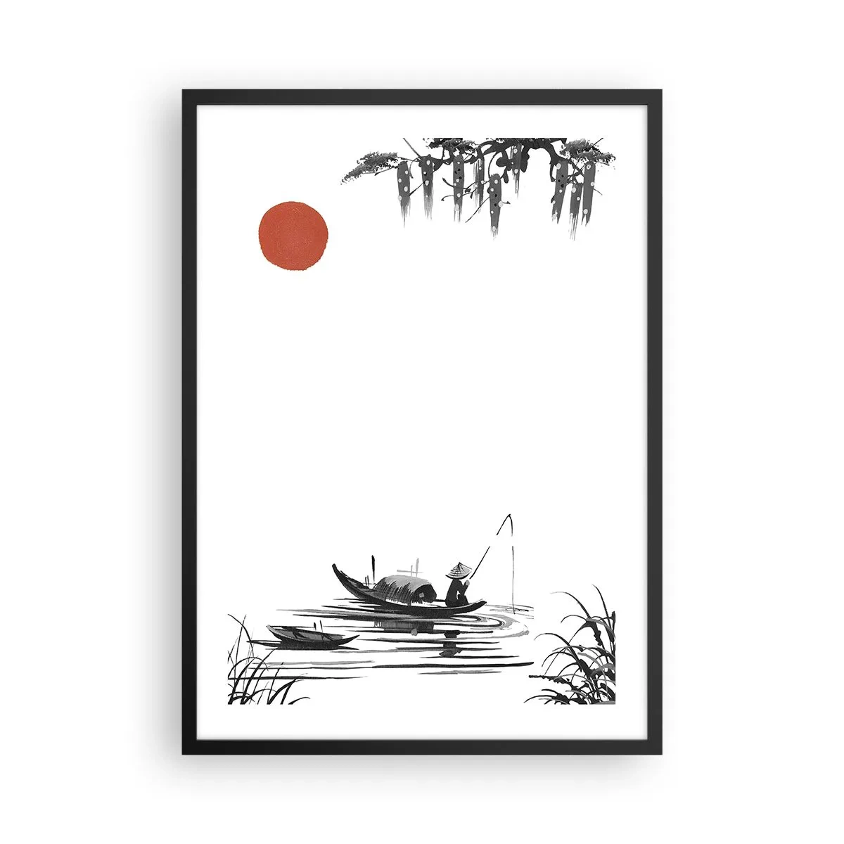Plakat w czarnej ramie - Minimalistyczny obraz rybaka w łódce z czerwonym słońcem - 50x70cm - Azjatyckie popołudnie - Nowoczesna dekoracja ścienna do salonu i sypialni ARTTOR
