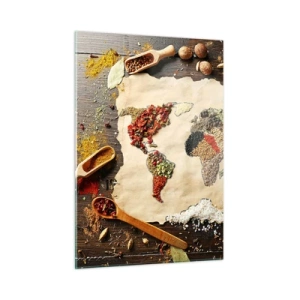Obraz na szkle - Mapa świata ułożona z różnorodnych przypraw na rustykalnym tle - 50x70cm - Wszystkie smaki świata - Nowoczesna dekoracja ścienna do salonu, kuchni i sypialni ARTTOR