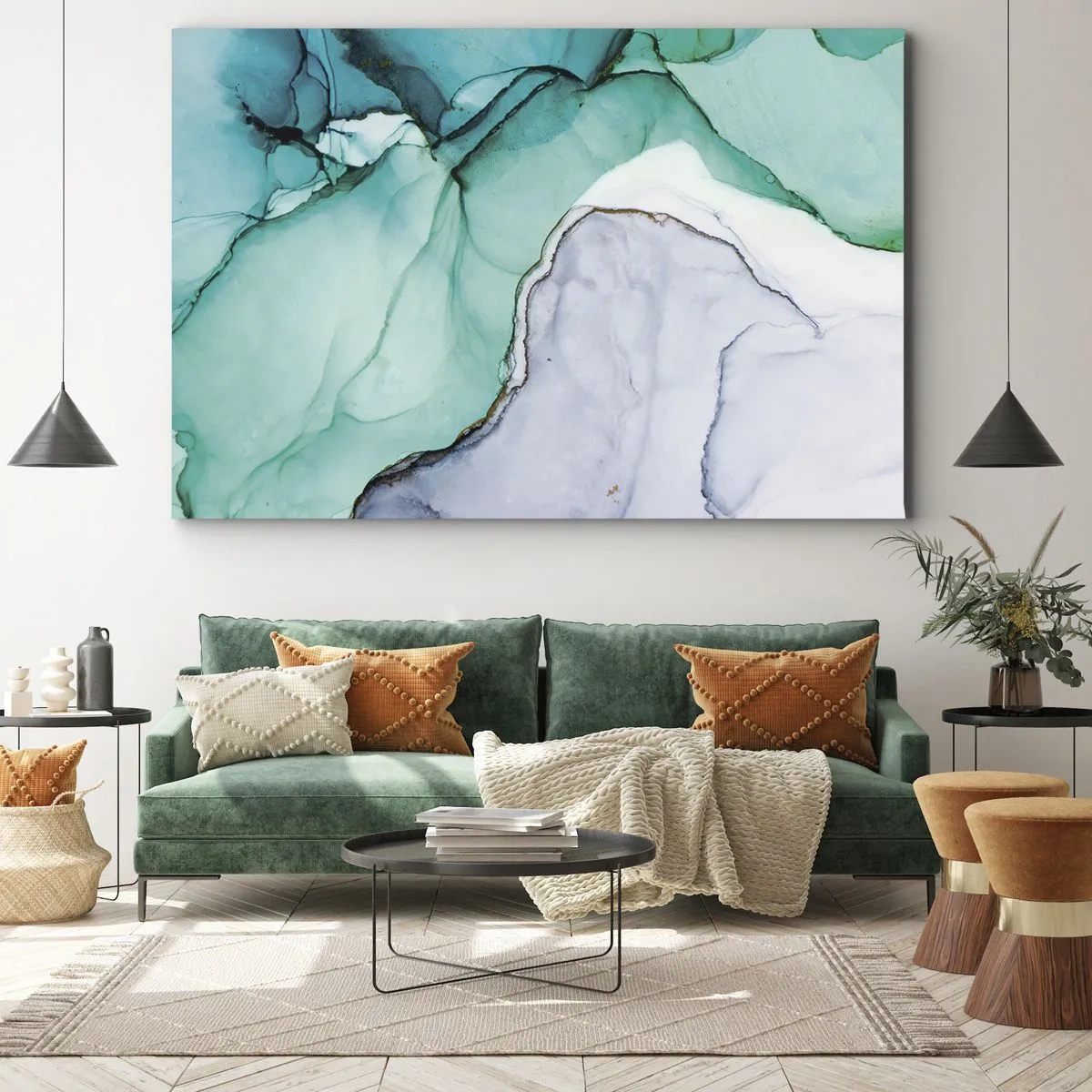 Obraz na płótnie - Abstrakcyjny wzór w odcieniach turkusu i bieli - 100x70cm - Studium w turkusie - Nowoczesna dekoracja ścienna do salonu, kuchni i sypialni ARTTOR