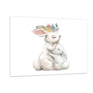Obraz na szkle - Dwa przytulające się króliki w pastelowych kolorach - 120x80cm - Nie ma jak u mamy - Nowoczesna dekoracja ścienna do salonu, kuchni i sypialni ARTTOR