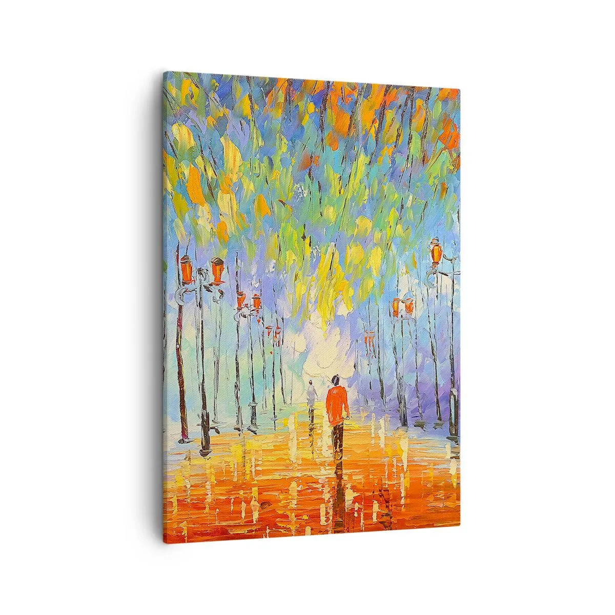 Obraz na płótnie - Nocna piosenka deszczu - Kolorowy pejzaż z alejką i latarniami - 50x70cm