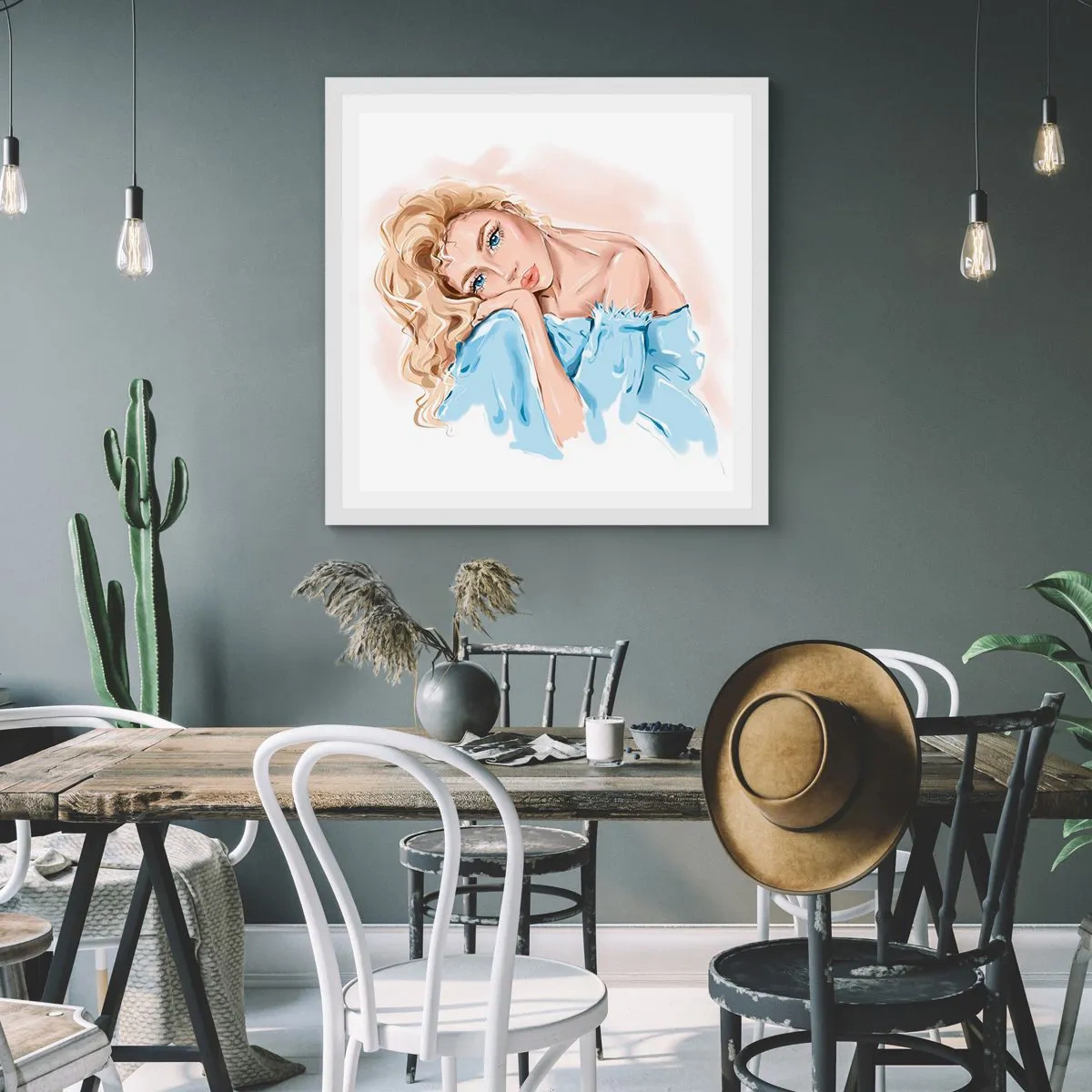 Plakat w białej ramie - Rozmarzona w błękicie - 60x60 cm