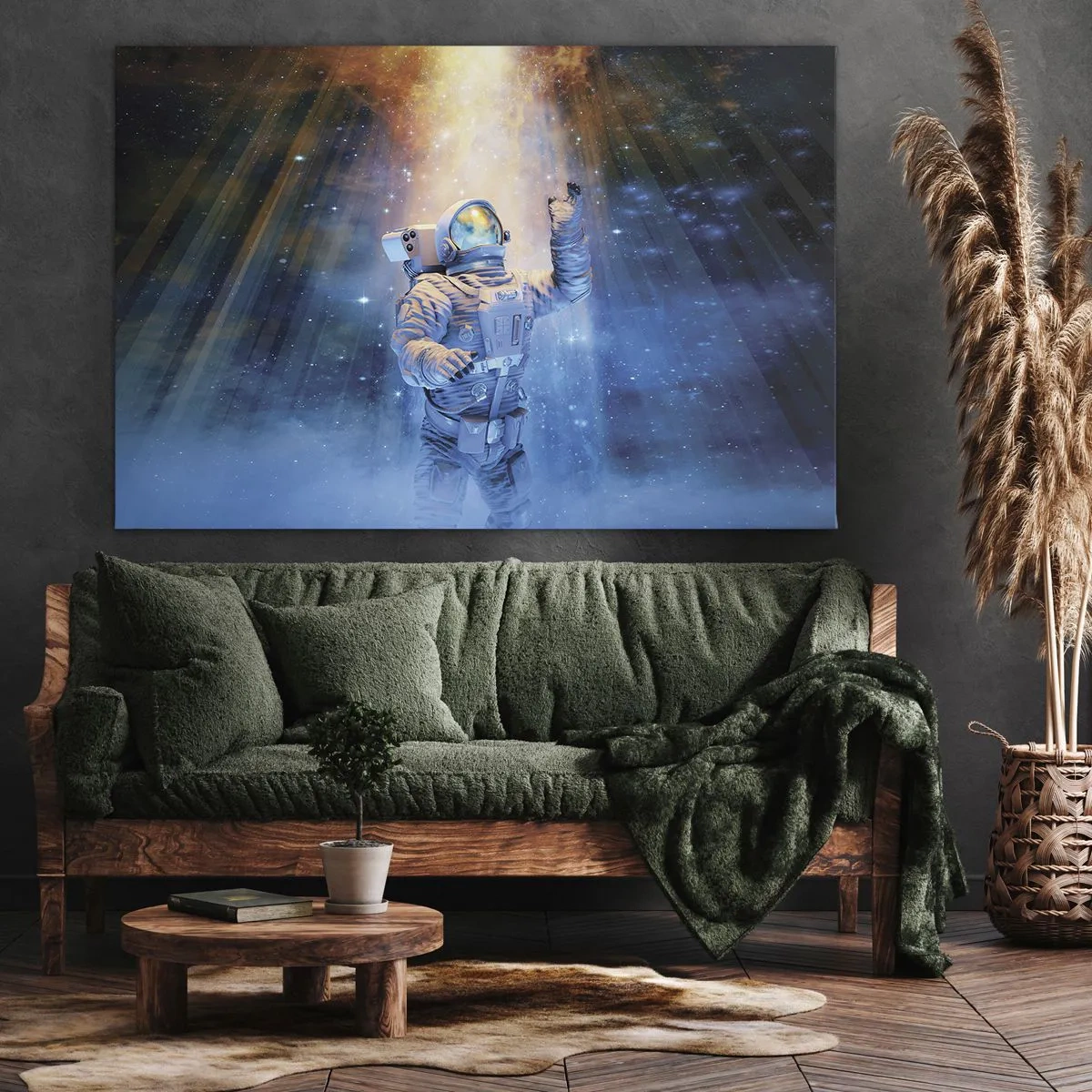 Obraz na płótnie - Astronauta w świetle kosmicznej eksplozji pełnej gwiazd - 70x50cm - Wreszcie u celu - Nowoczesna dekoracja ścienna do salonu i sypialni ARTTOR