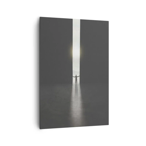 Obraz na płótnie - Człowiek stojący w świetle wąskiej szczeliny w ciemnej przestrzeni - 70x100cm - Krok do jasnej przyszłości - Nowoczesna dekoracja ścienna do salonu i sypialni ARTTOR